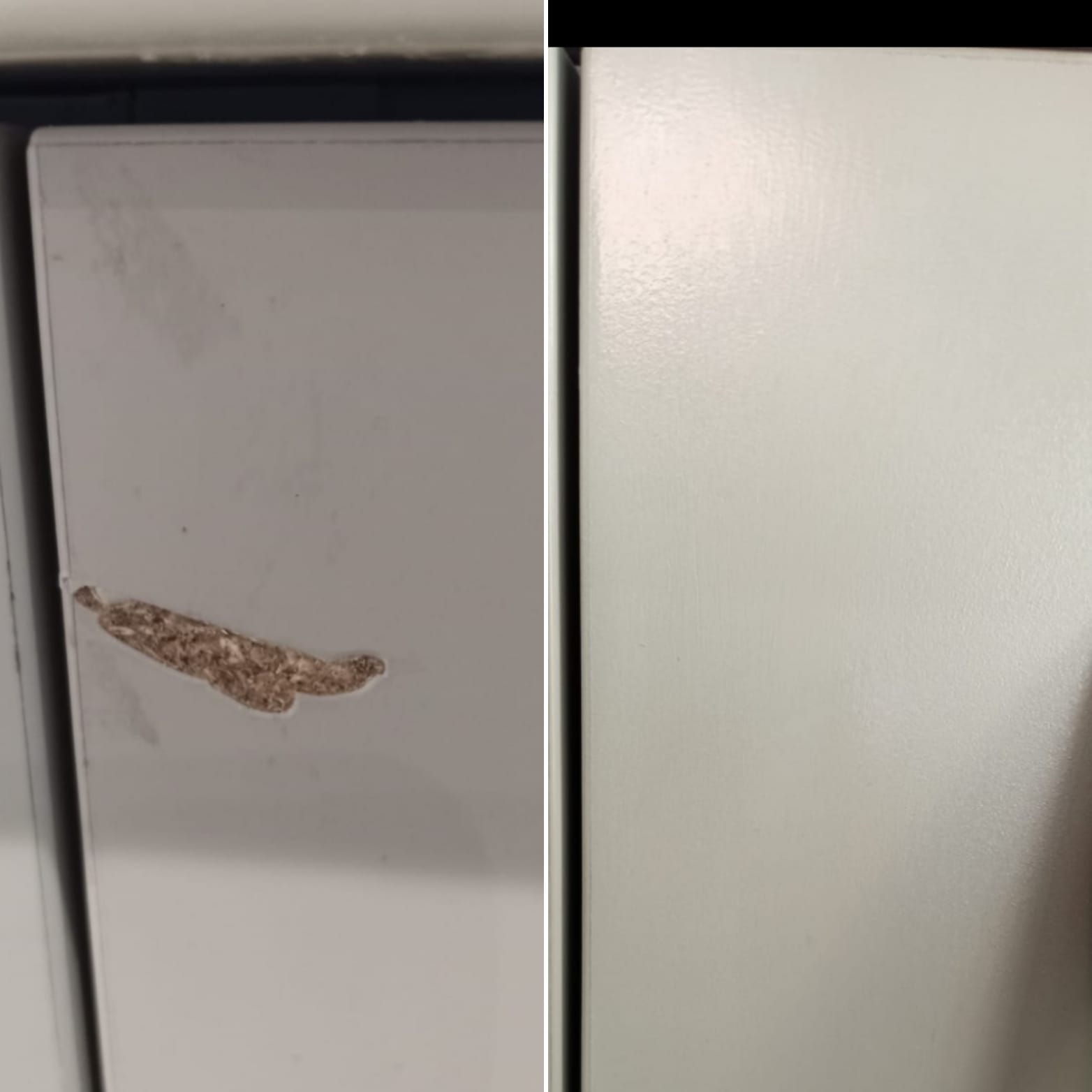 Before and after of a chipped white kitchen cabinet door repair.