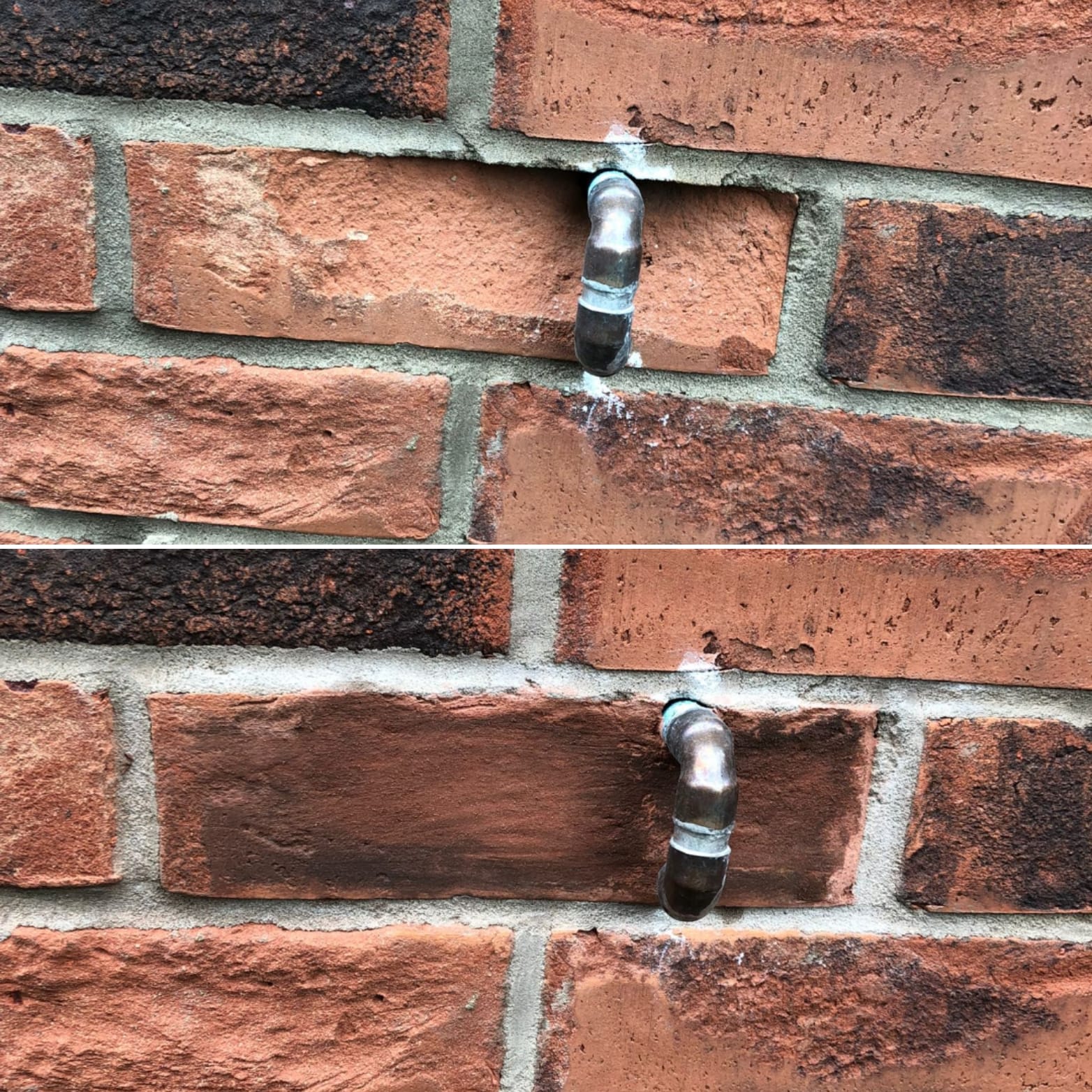 Before and after of a damaged red brick being filled and restored around an external metal pipe.