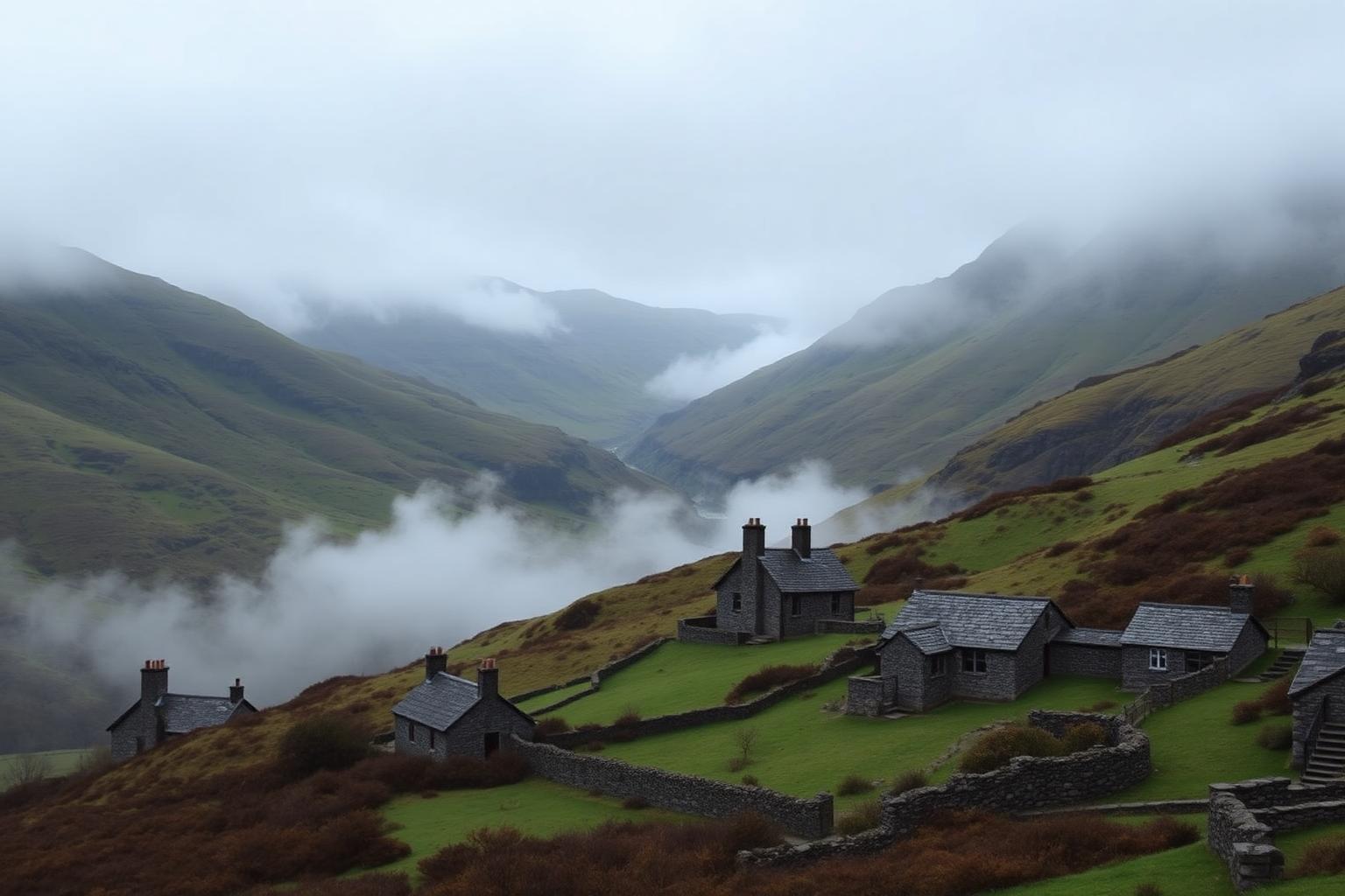 Snowdonia mountains in North Wales with traditional Welsh slate stone cottages set into a green valley.