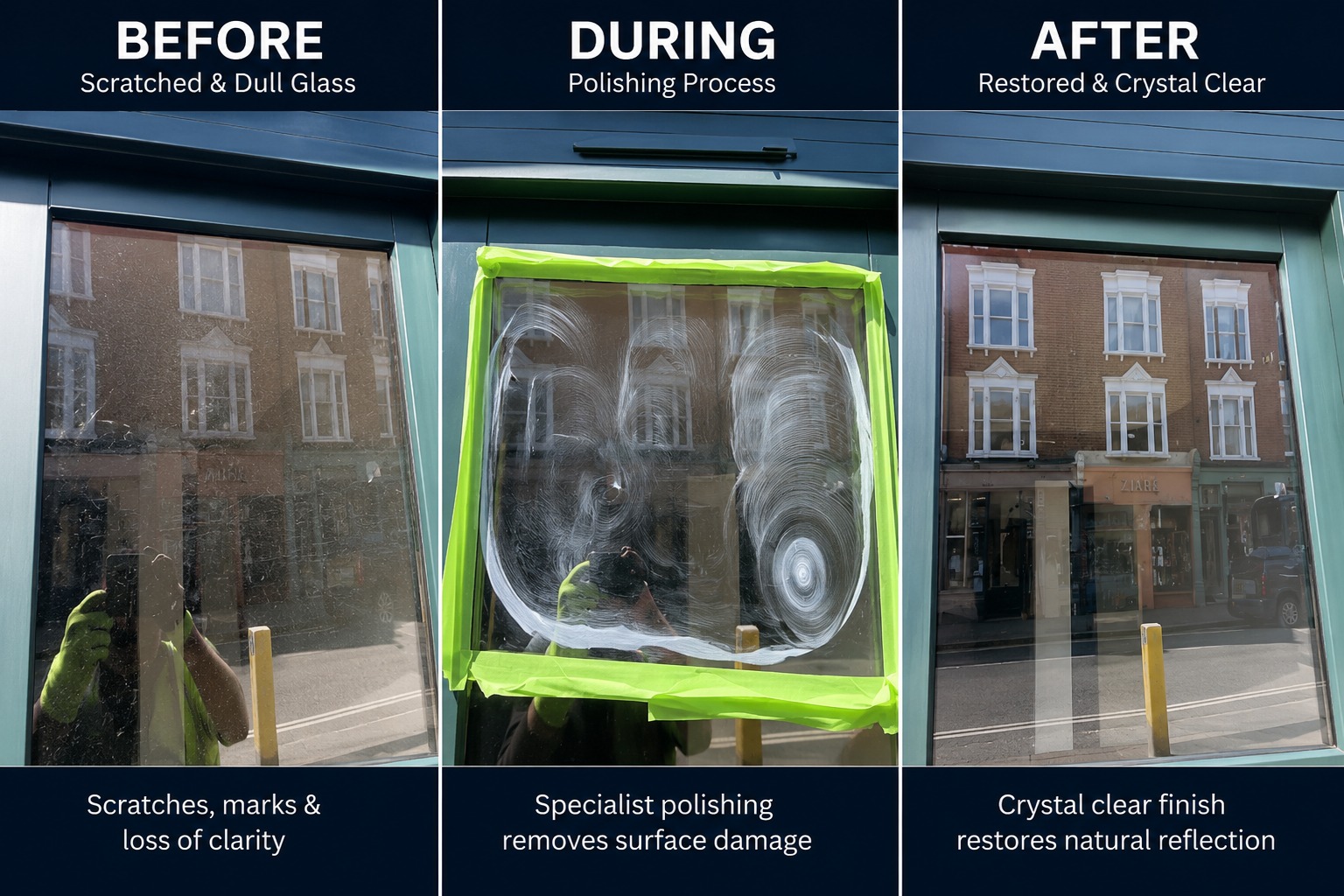 Before, during and after of a specialist glass polishing repair on a shop window — deep scratches removed to a crystal-clear finish.