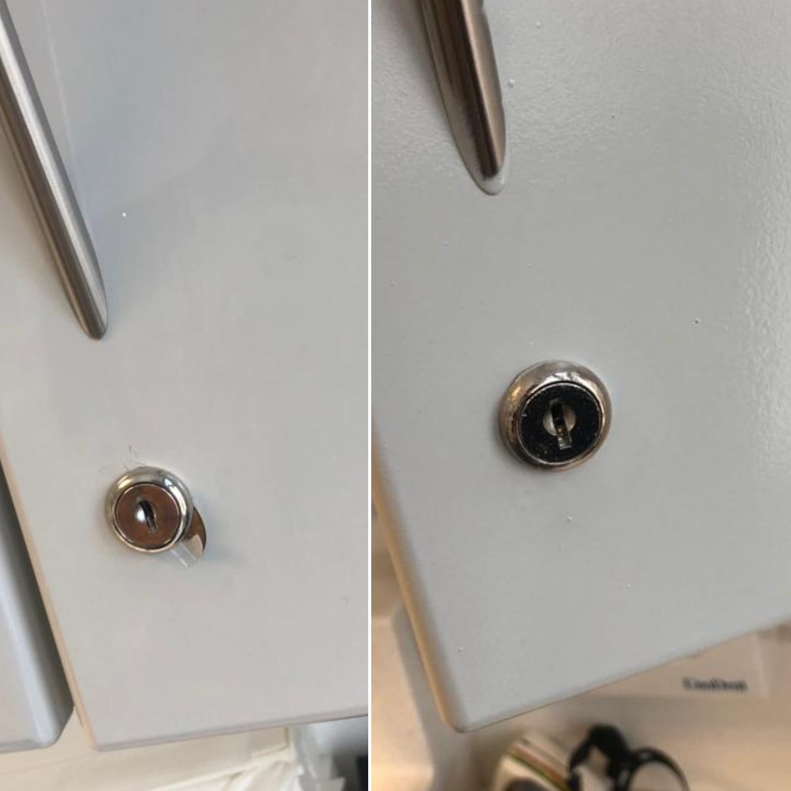 Before and after comparison of a chip repair on a white laminate kitchen cabinet door near the lock and handle.