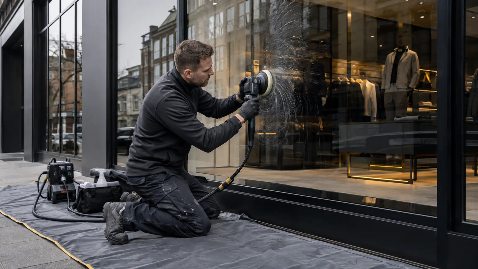 Illustrative technician polishing scratches from a commercial shopfront glass panel.
