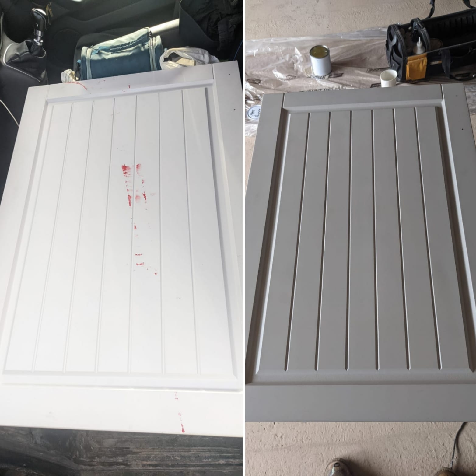 A white kitchen cabinet door with red scuff marks before and after a professional grey finish respray.