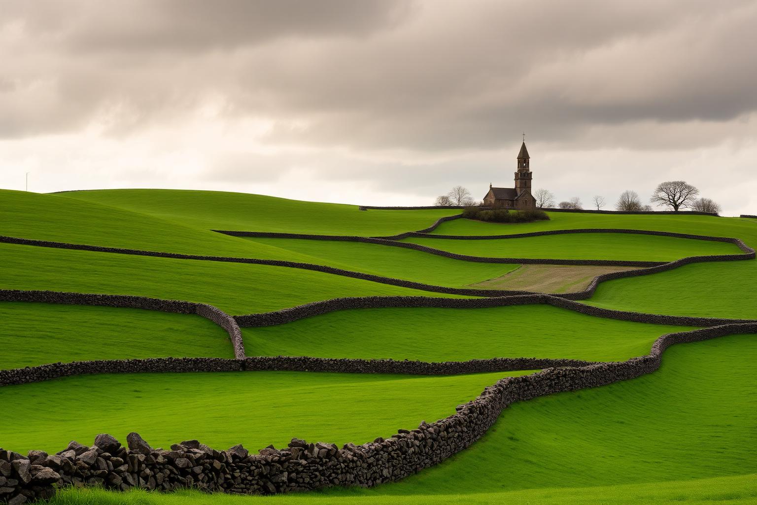 Rolling green Lancashire countryside divided by traditional dry stone walls, with a sandstone village church on the hill.