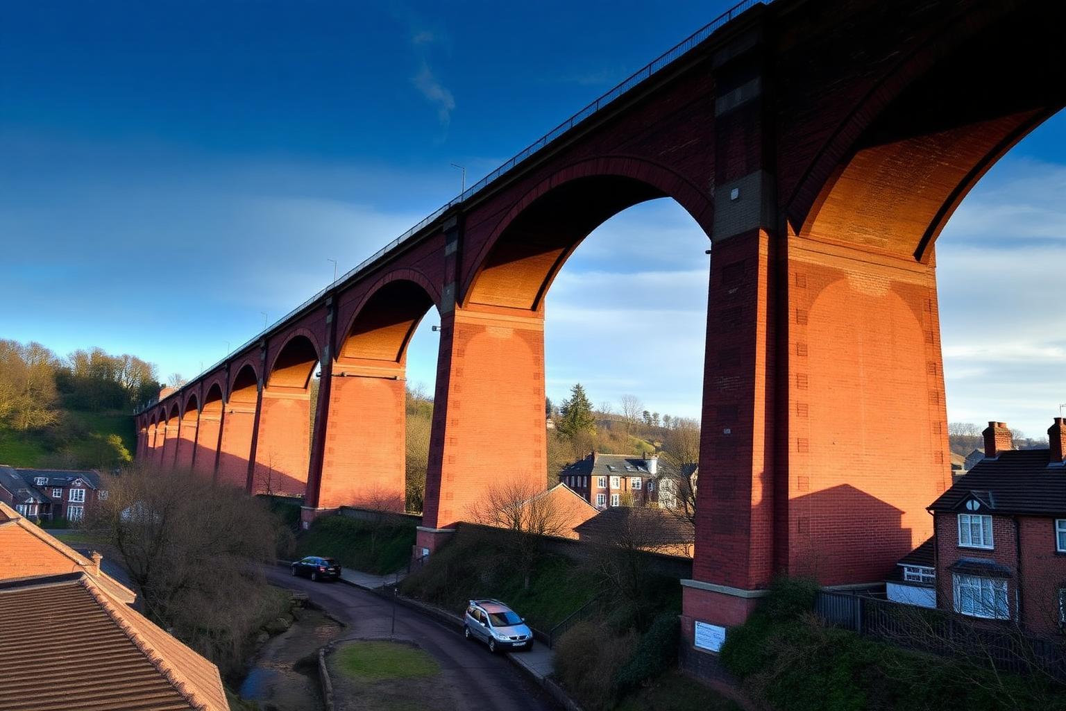 Stockport's enormous red-brick railway viaduct arching across the valley above terraced houses below.