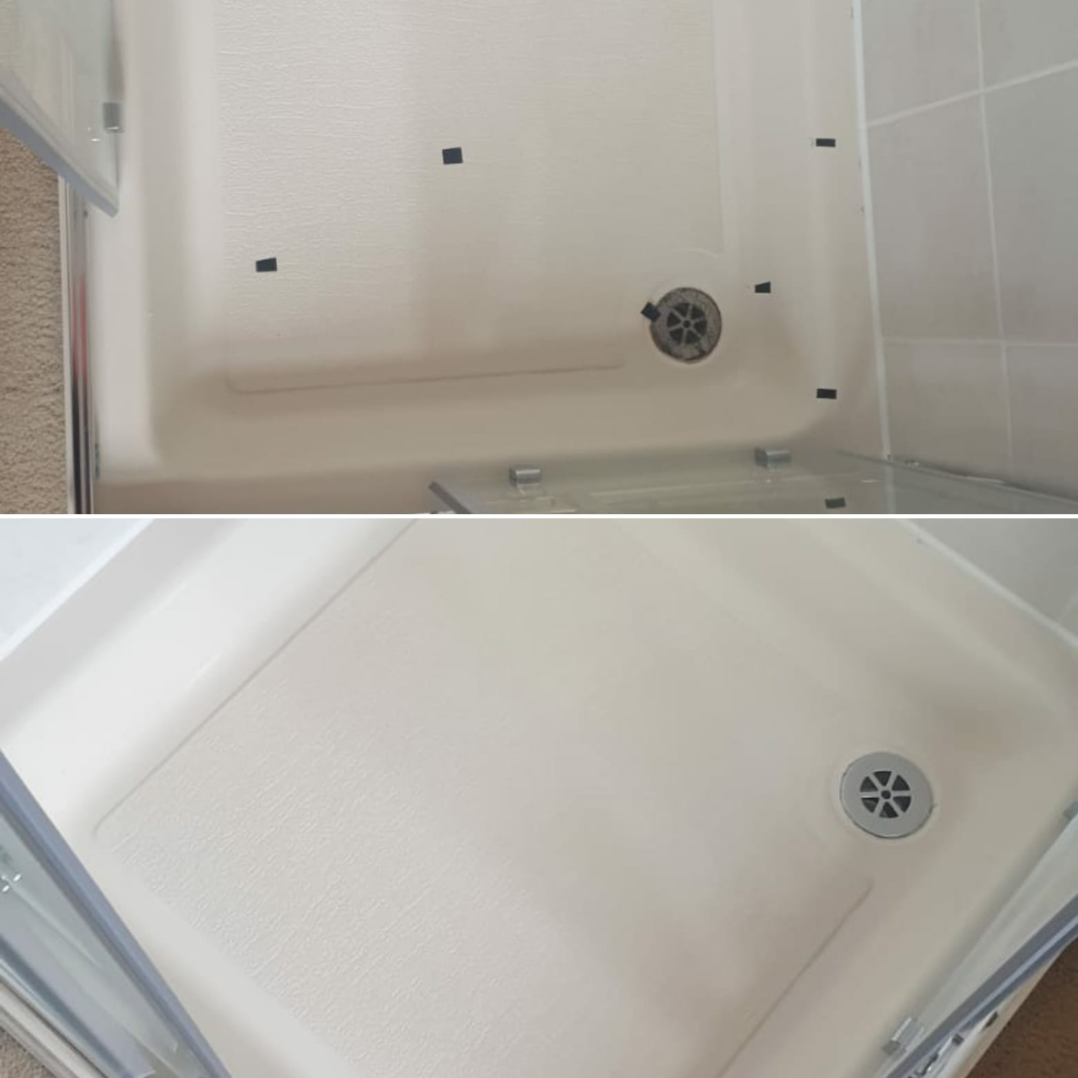 Before and after photos of a cream shower tray repair showing chips marked with tape then fully restored.