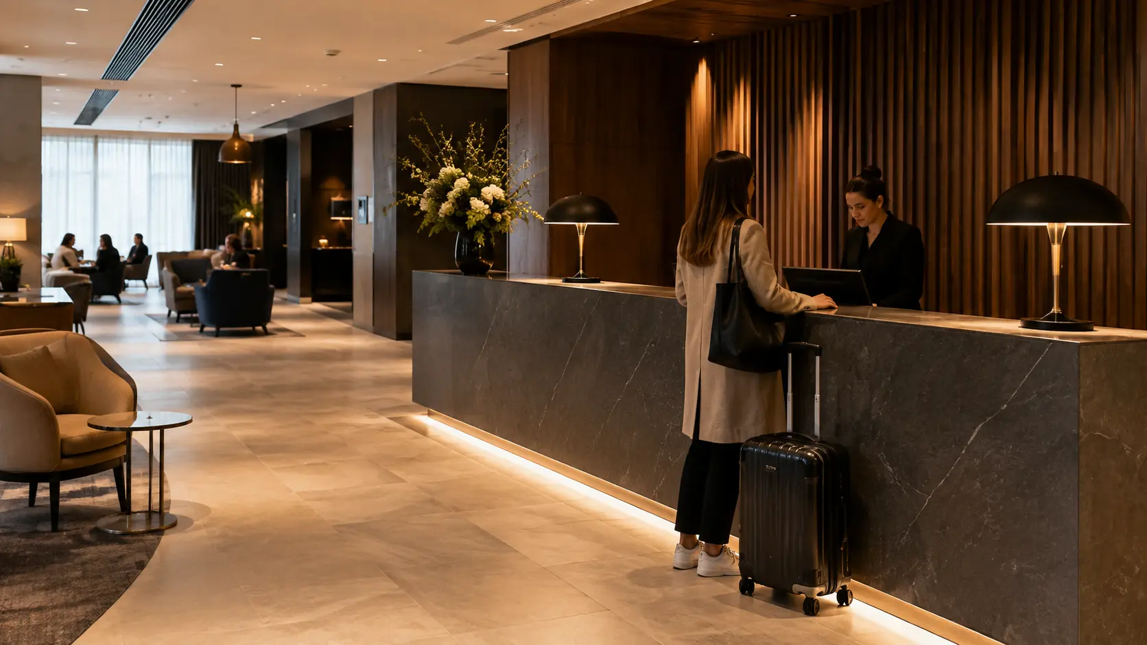 Illustrative hotel reception with a stone counter and guest checking in.