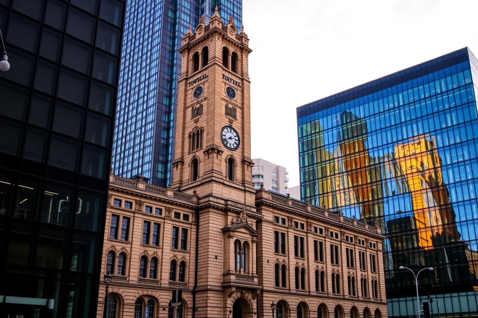 Leeds city centre — the Victorian stone clock tower of Leeds Town Hall set against modern glass office buildings.
