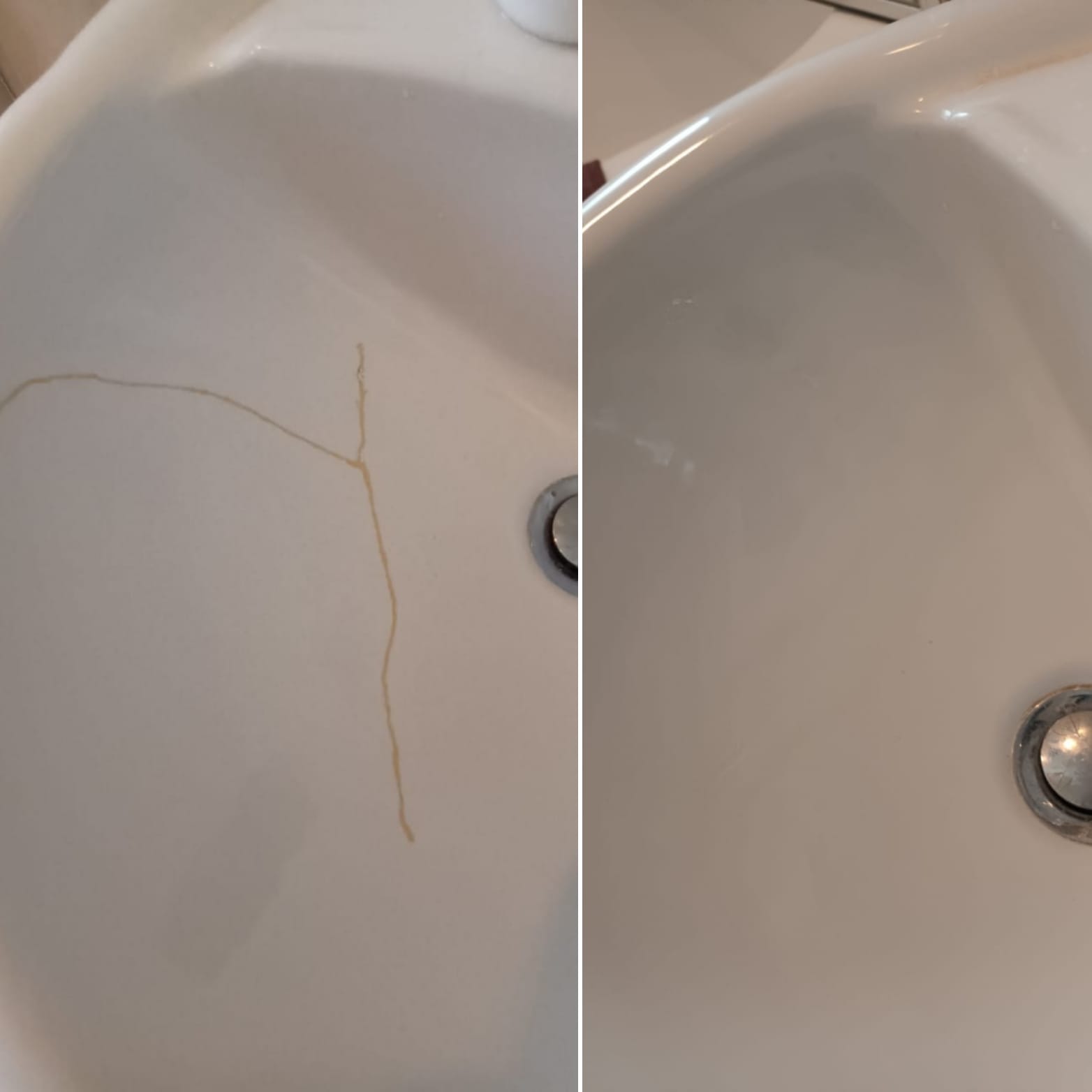 Before and after of a large hairline crack repair on a white ceramic bathroom washbasin.