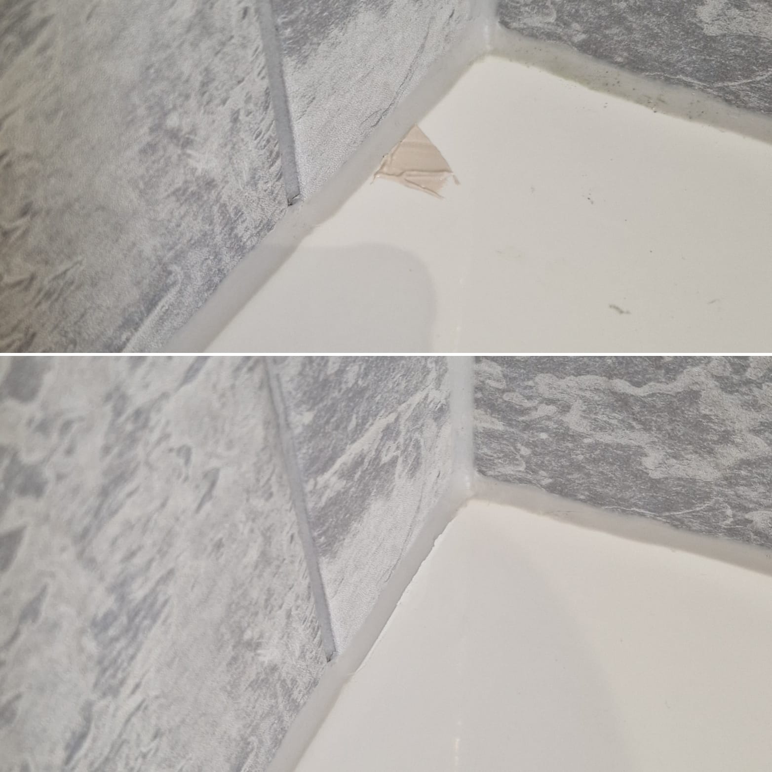 Before and after repair of a large triangular chip in the corner of a white stone resin shower tray.