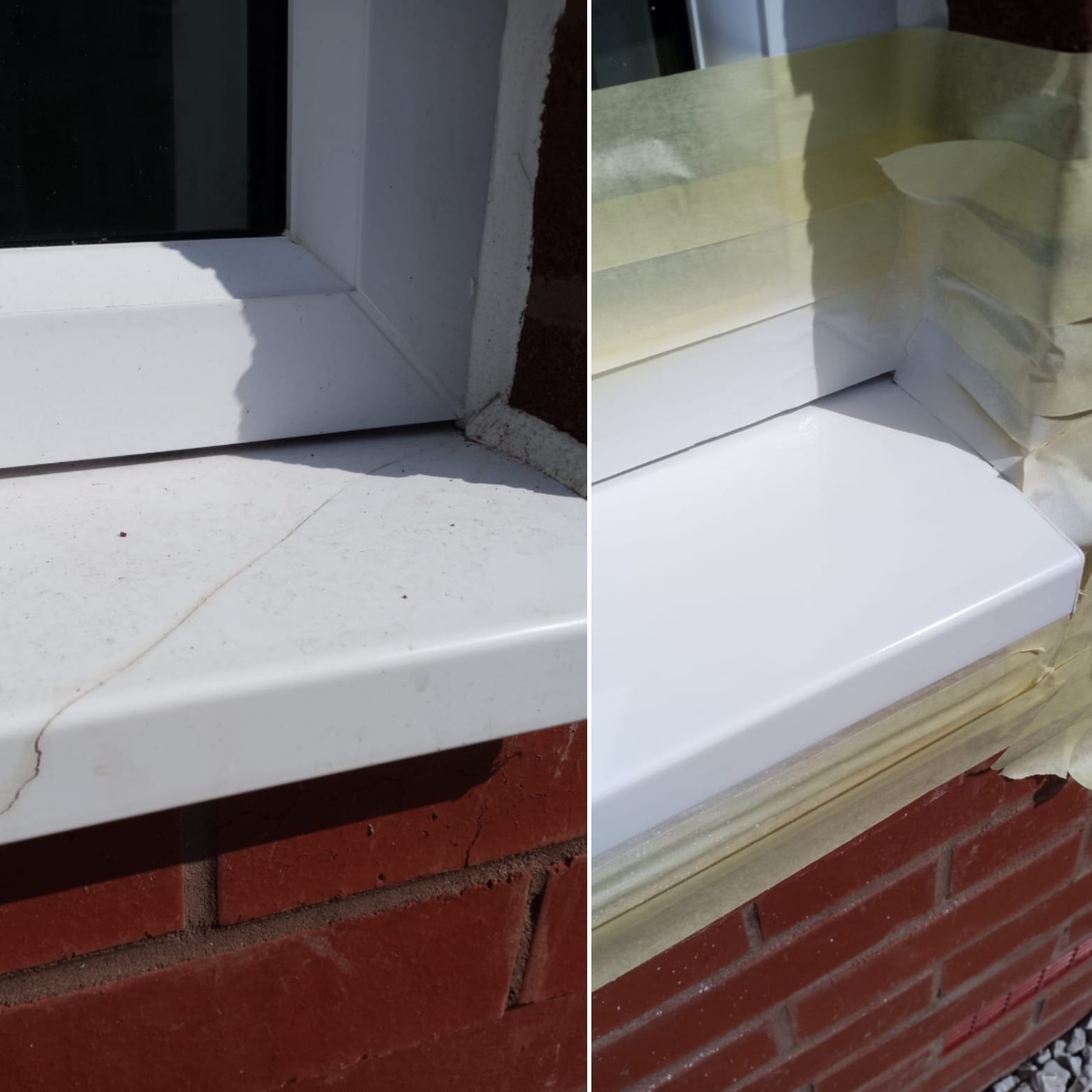Before and after repair of a cracked white uPVC external window sill on a brick building.