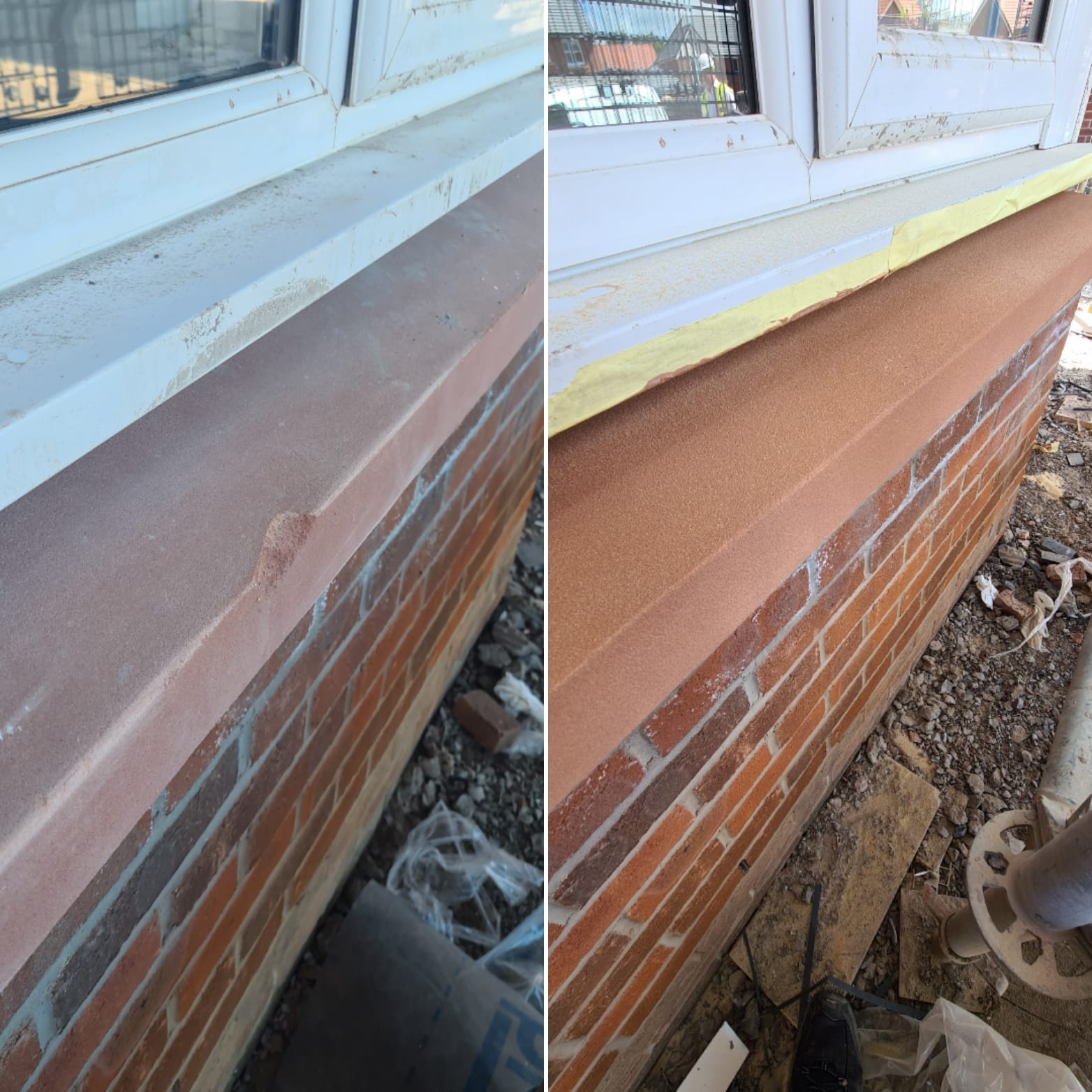 Before and after of a chipped stone window sill repair on a brick building exterior.