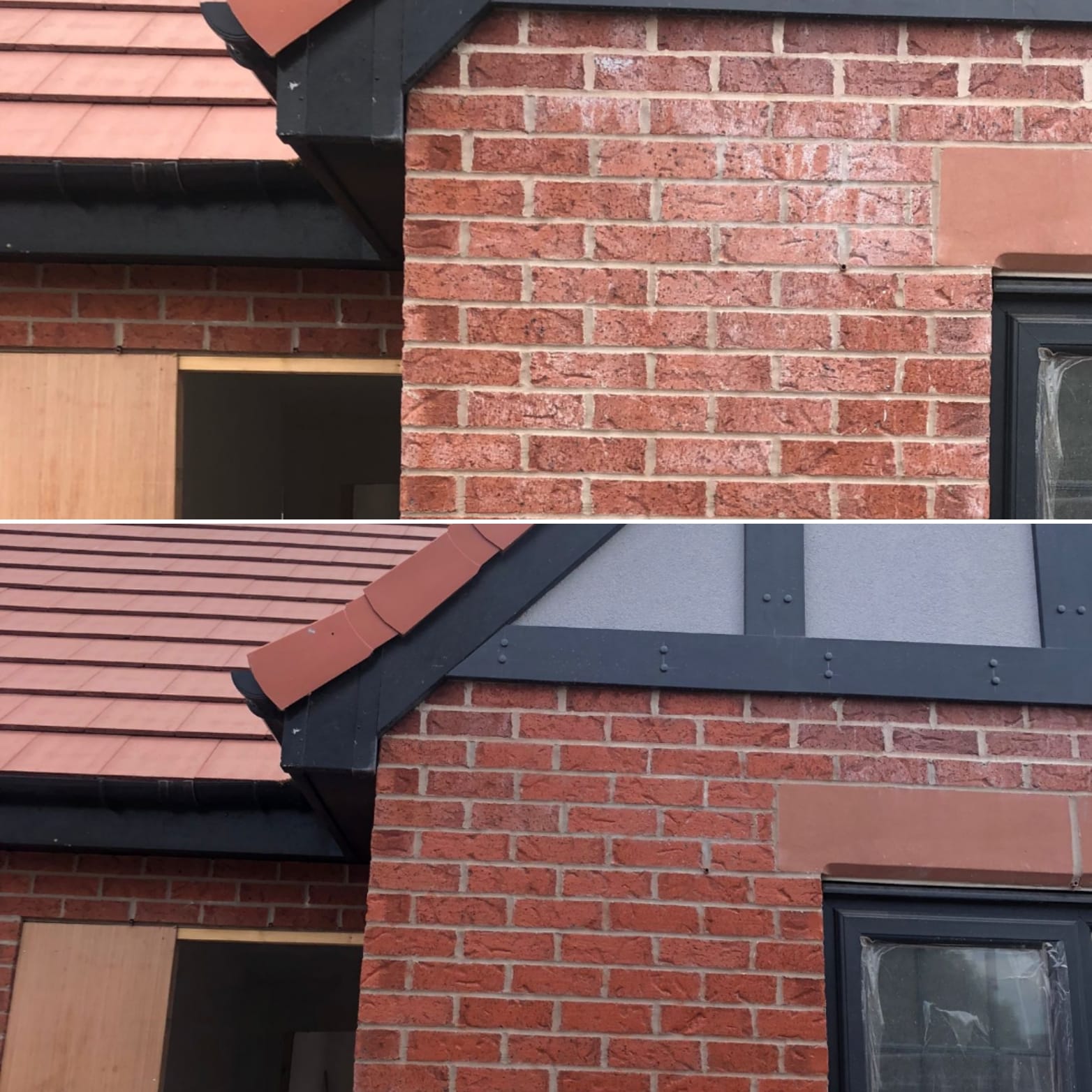 Before and after of external brickwork restoration on a residential property.