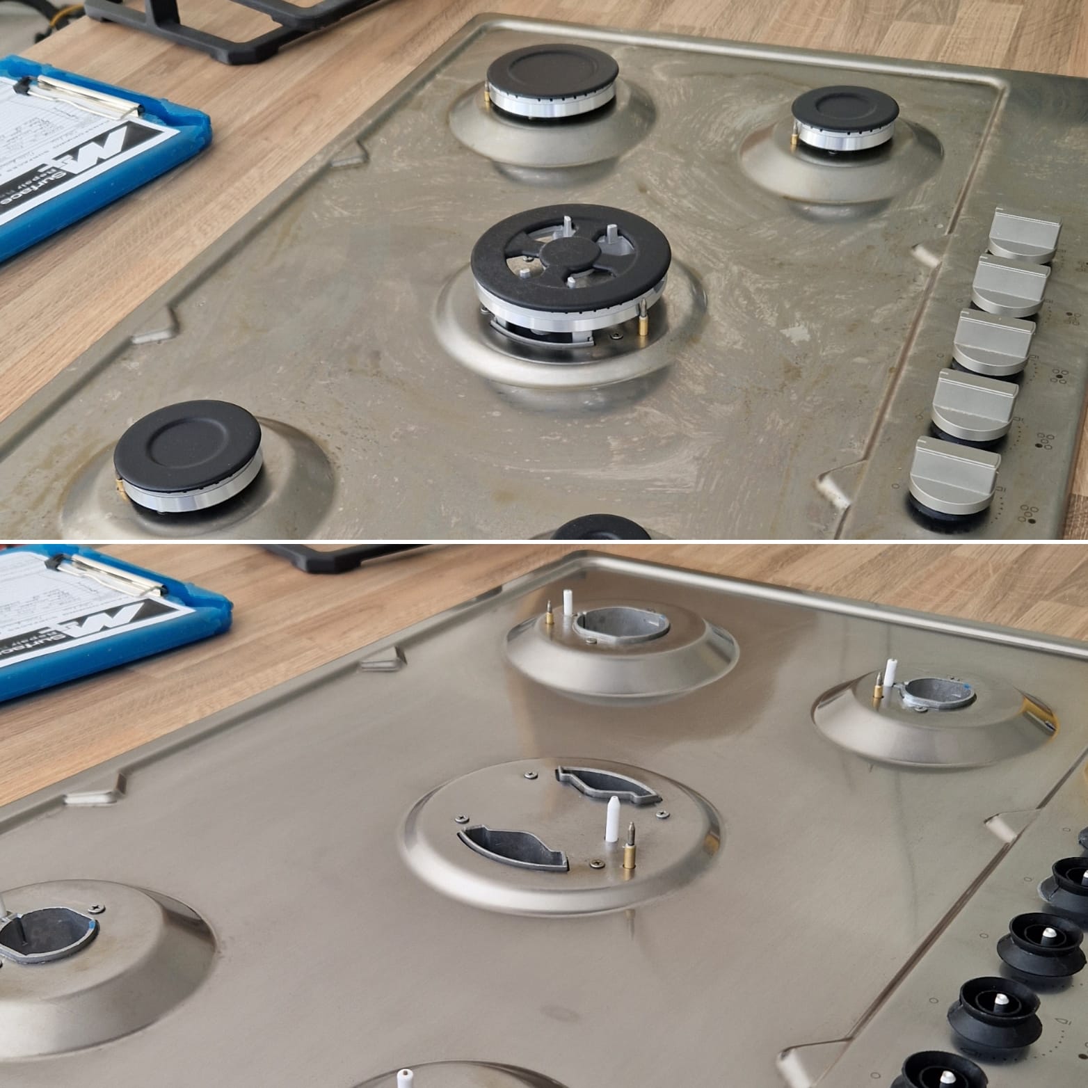 Before and after of a stainless steel gas hob being professionally polished and buffed to remove surface marks.