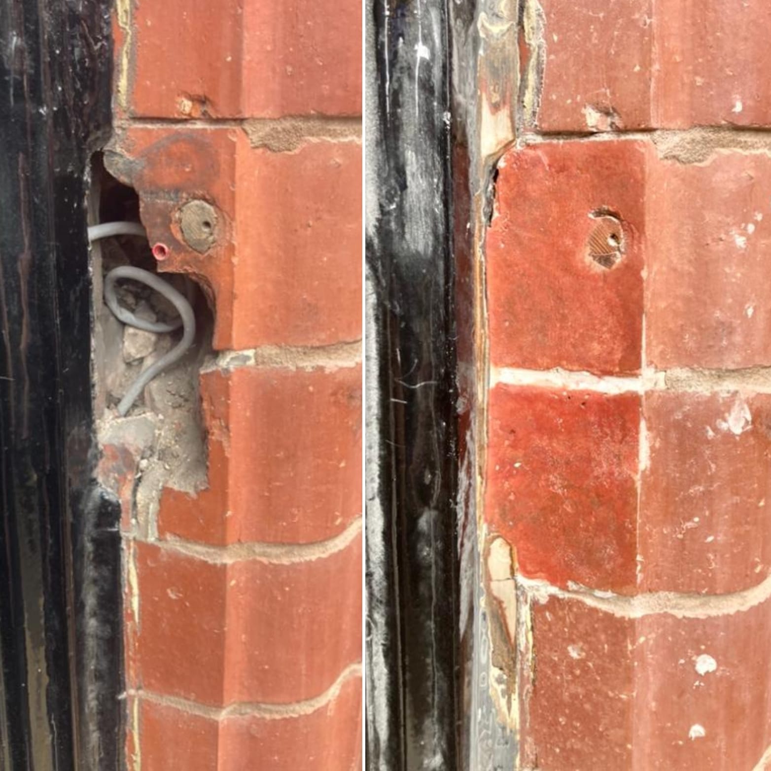 Before and after repair of a large hole in a red terracotta brick wall near a door frame.