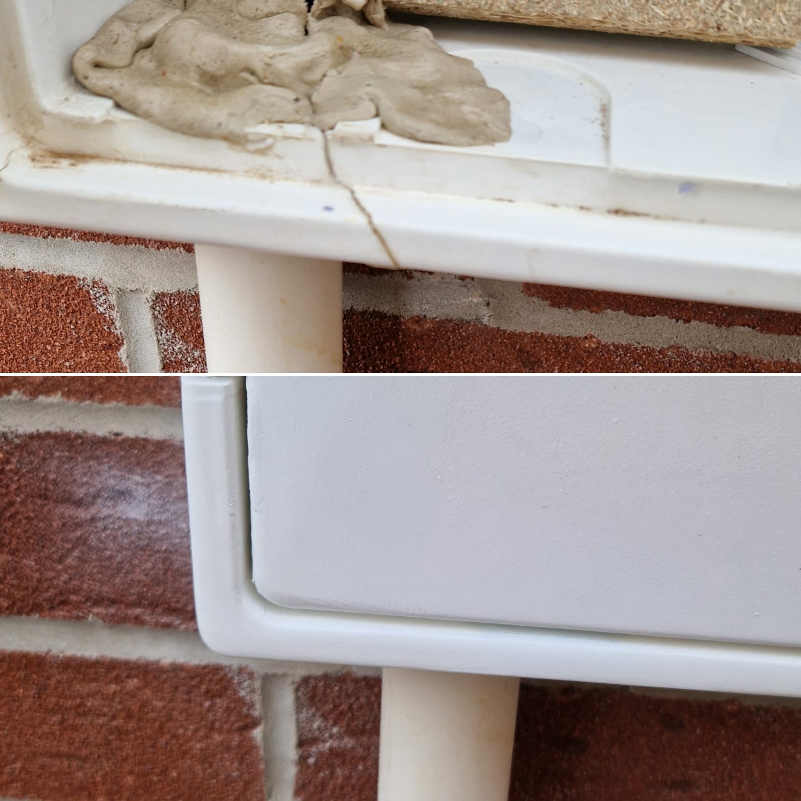 Before and after of a crack repair on a white exterior meter box set into a brick wall.