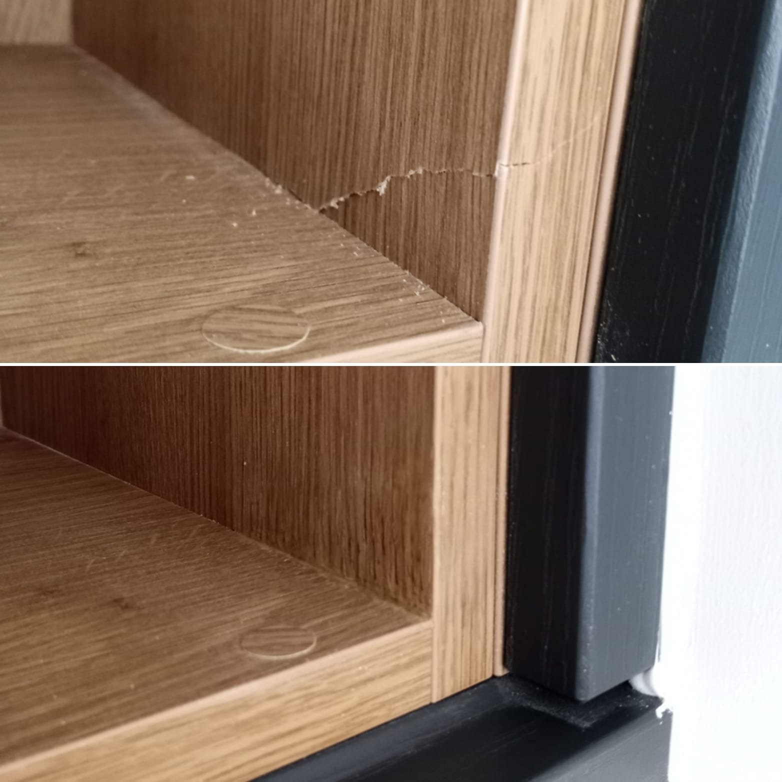 Before and after repair of a crack on an oak-effect laminate cabinet carcass.