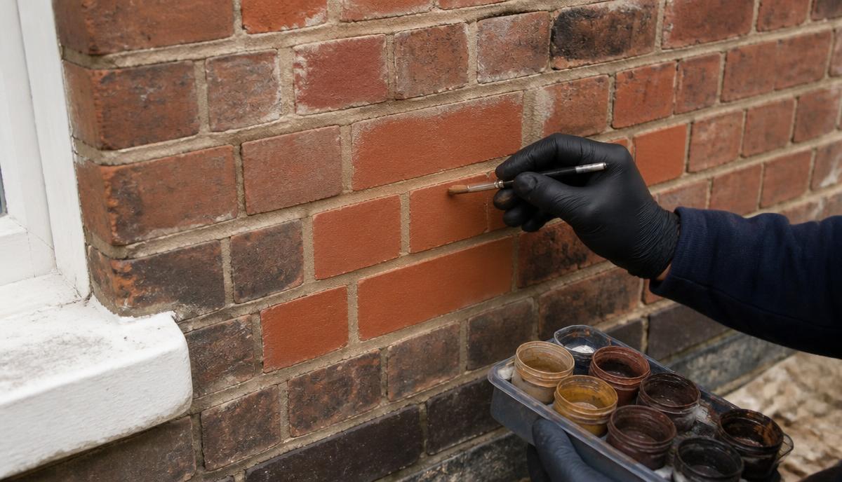 Cosmetic brick tinting being brushed onto replacement brickwork to blend its colour with the surrounding wall.