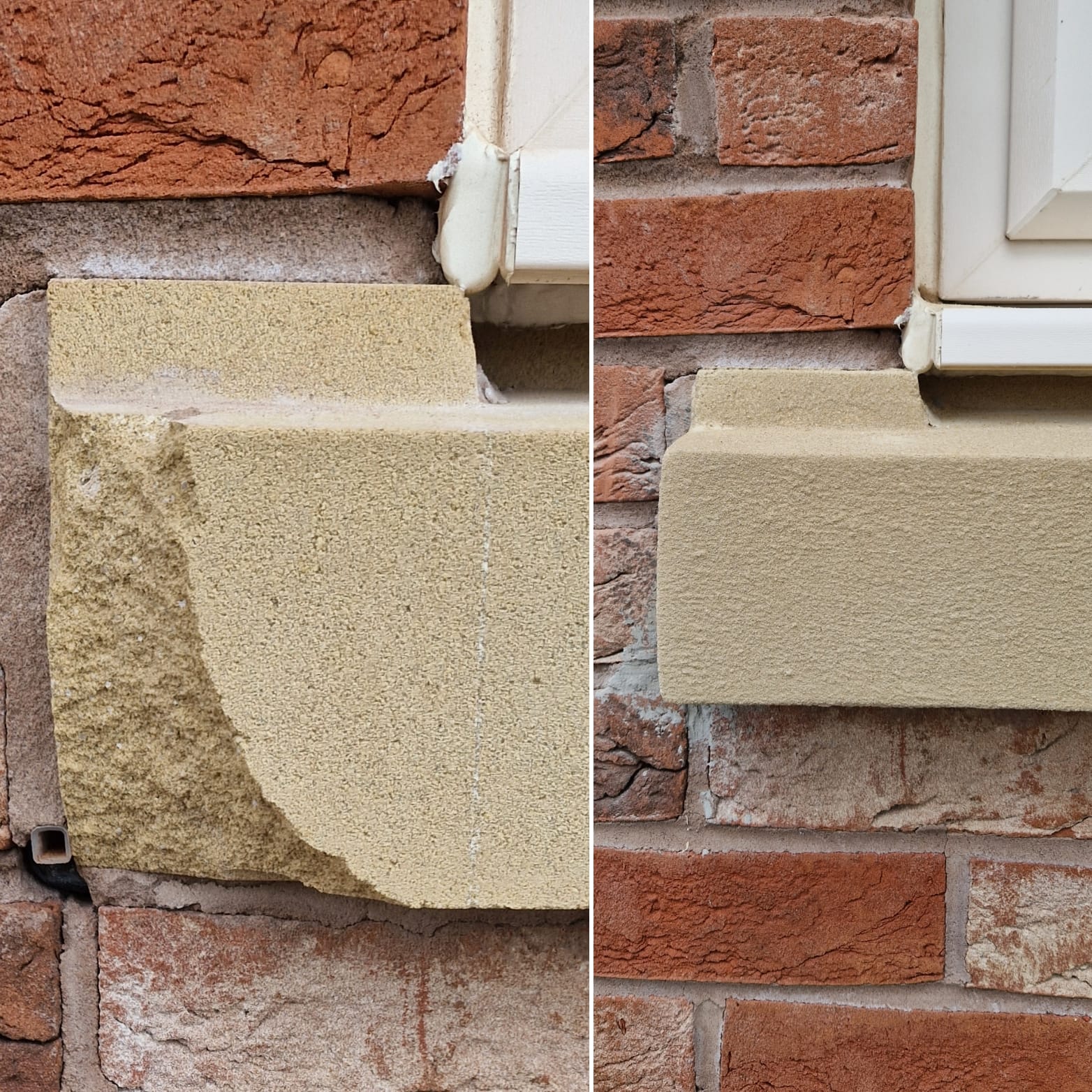 Before and after repair of a large chip on a stone window sill set in a brick wall.