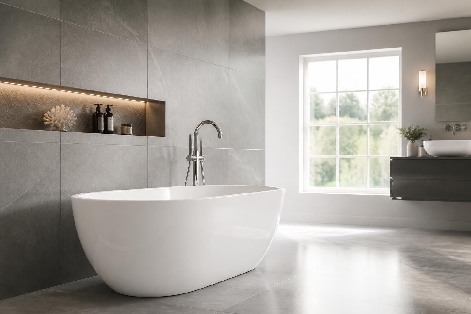Pristine restored modern bathroom interior with freestanding bath and tiled walls.