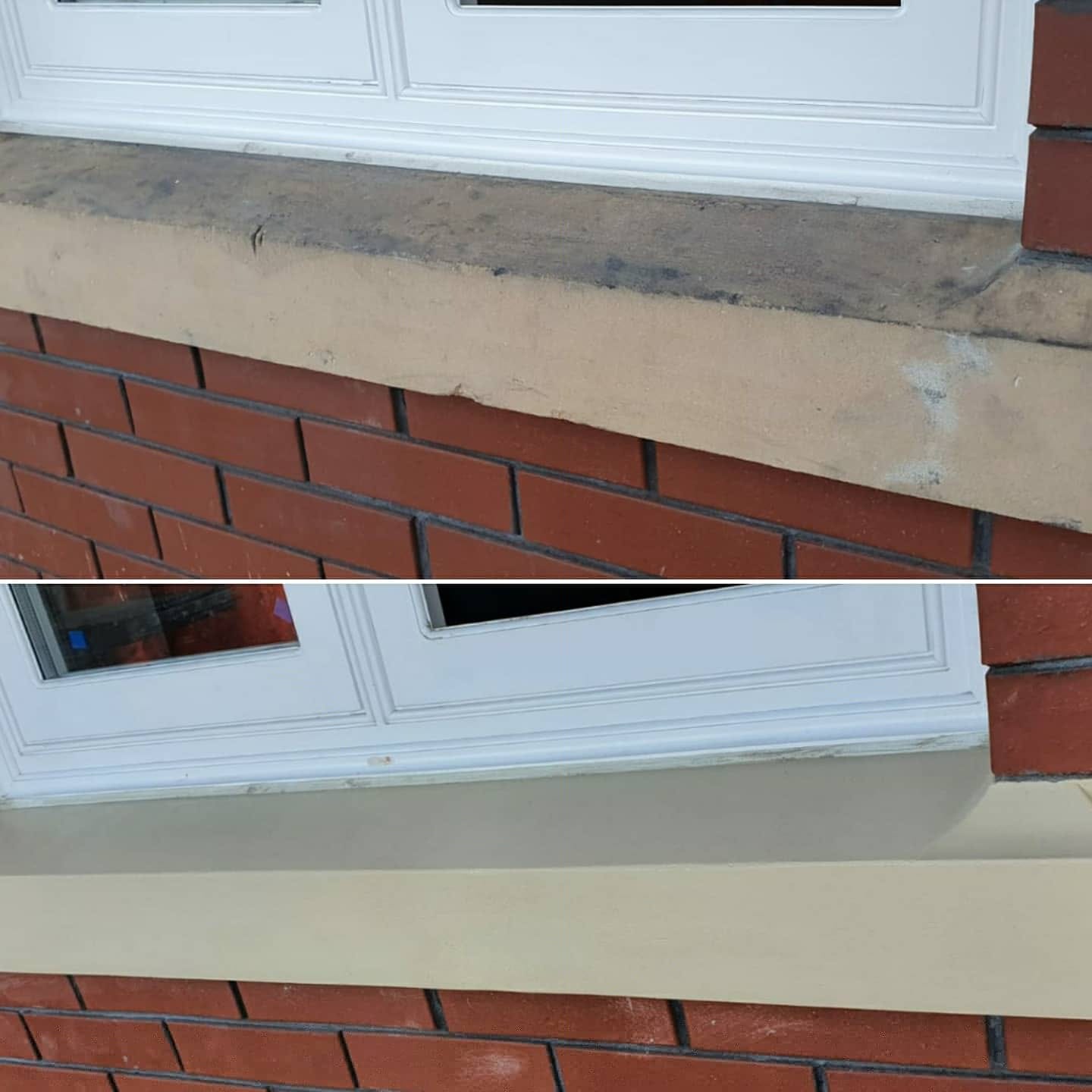 Before and after repair of a chipped and weathered stone external window sill on a brick house.
