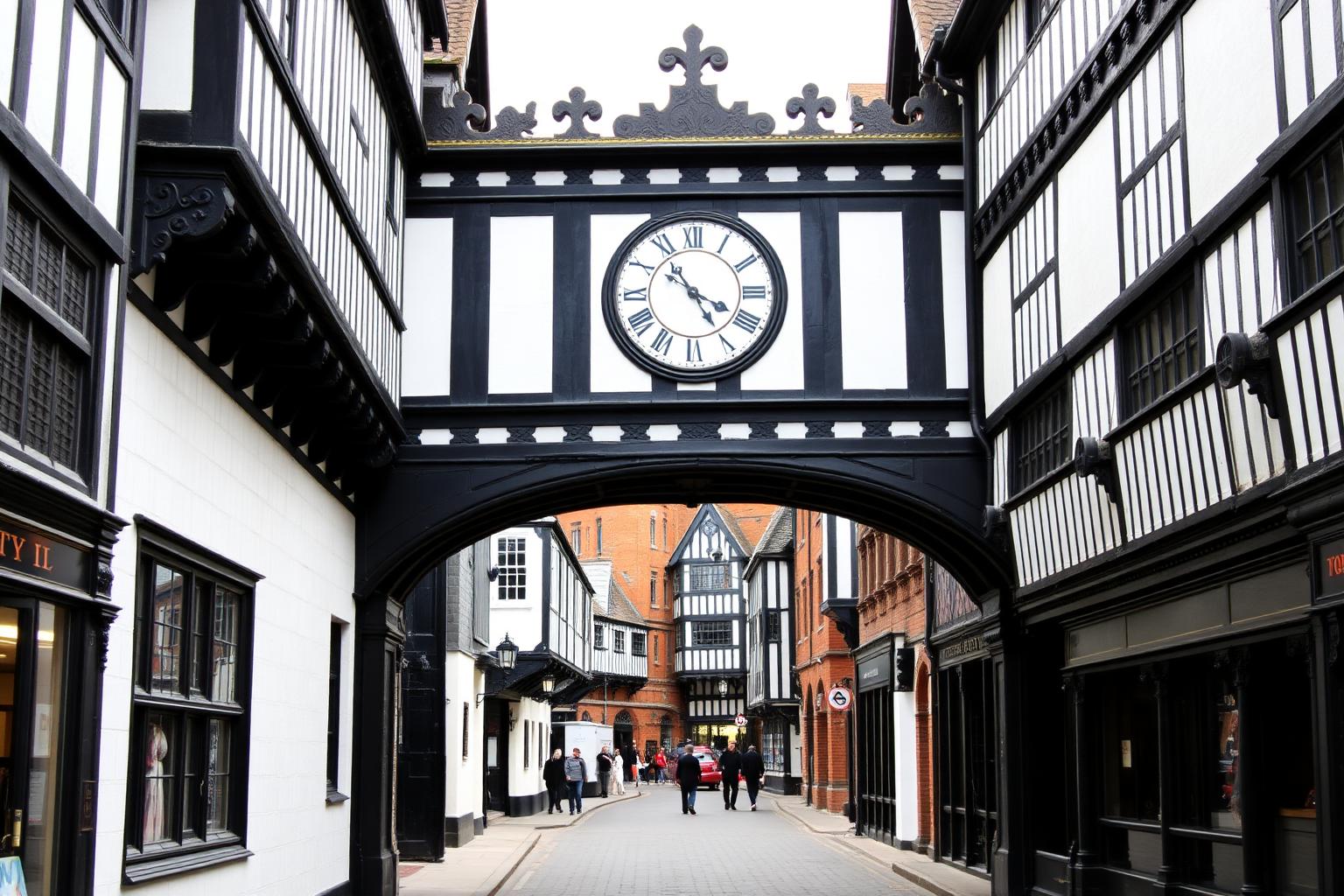 Chester's iconic black and white timber-framed Tudor Rows on Eastgate Street beneath the historic ornate Eastgate clock.