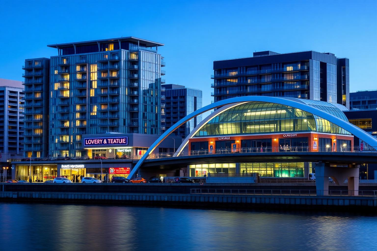 Salford Quays at blue hour with modern apartment buildings and the Lowry footbridge arching across the dock.