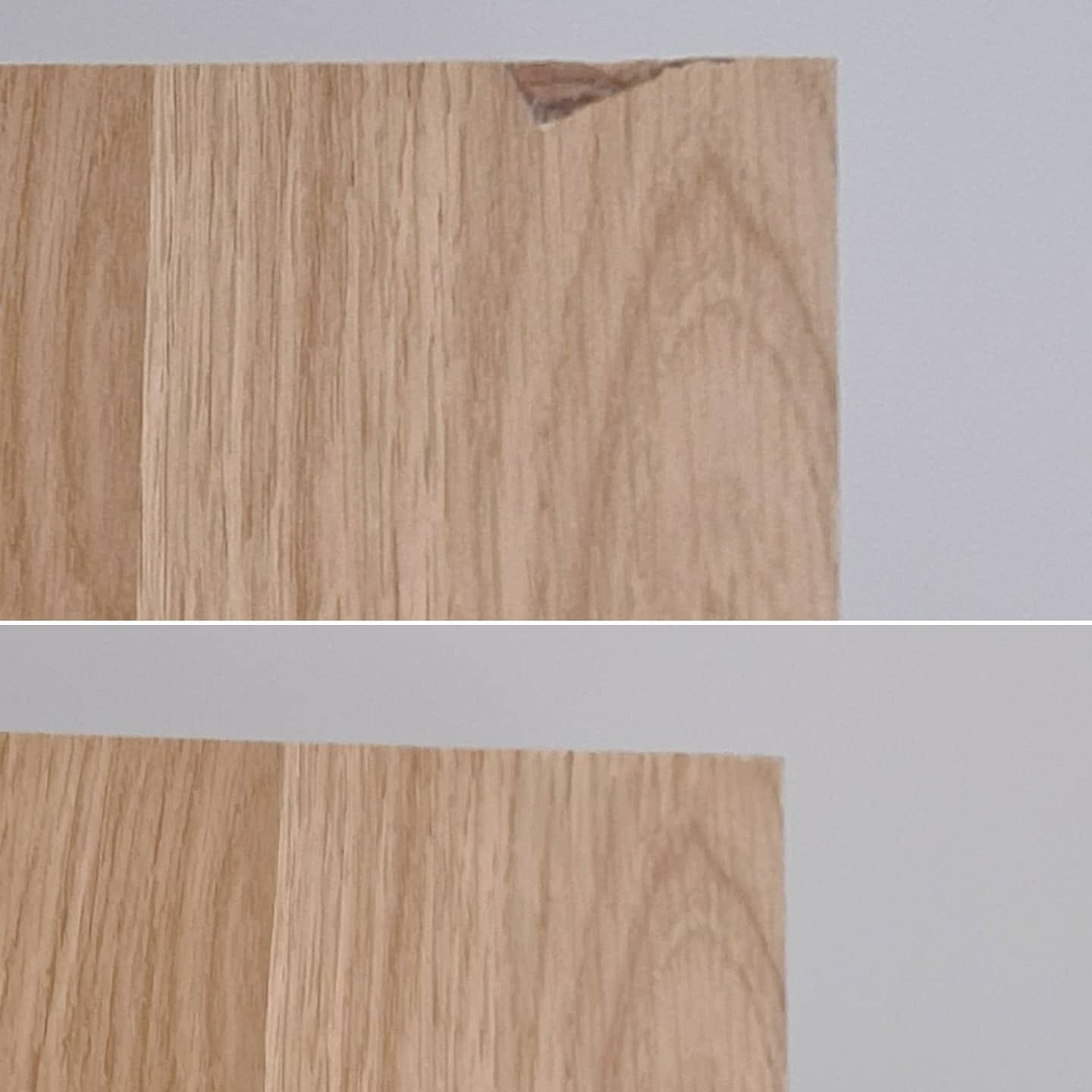 Before and after of a chipped wooden surface edge being repaired to a seamless finish.