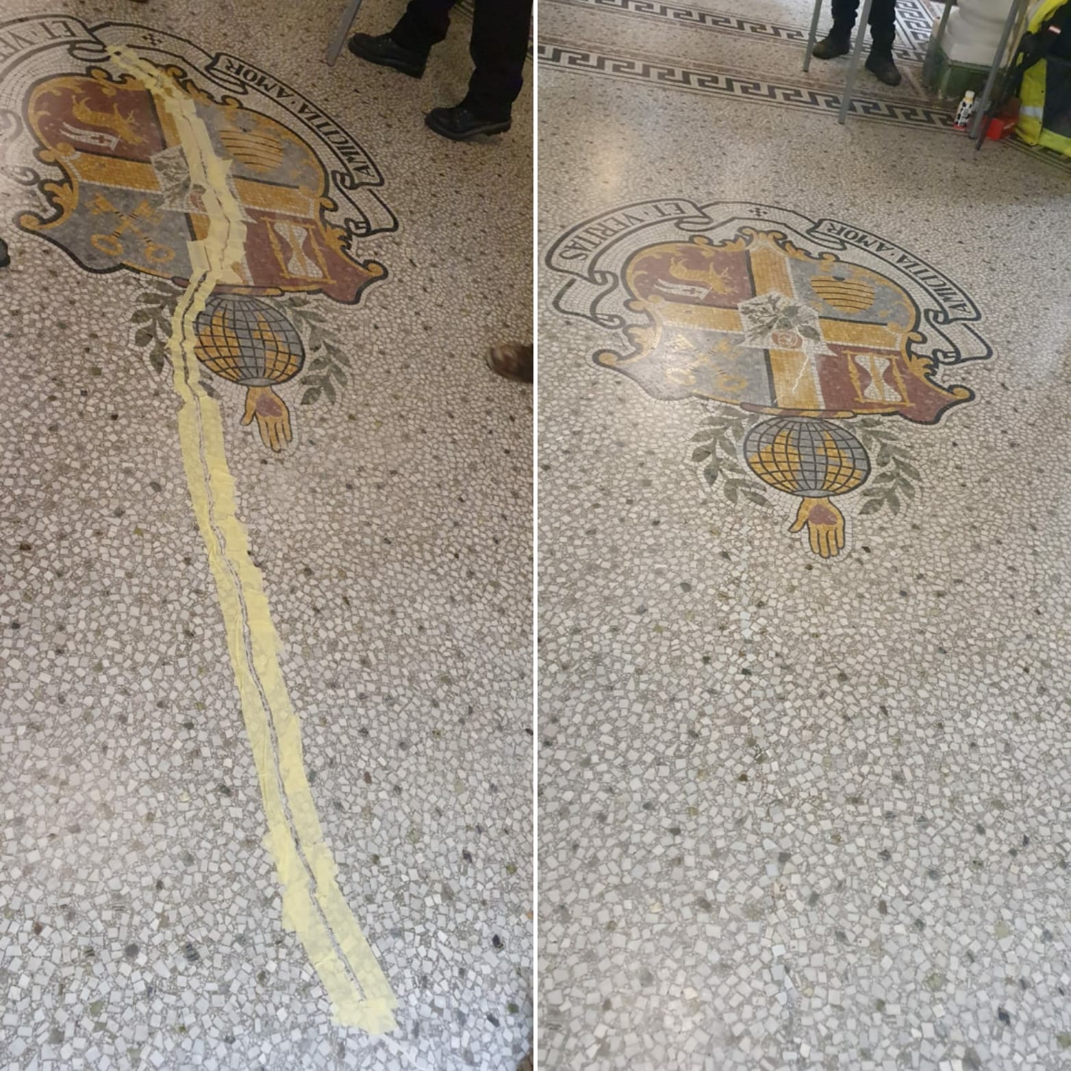 Before and after of a structural crack repair on a decorative terrazzo floor with a mosaic crest.