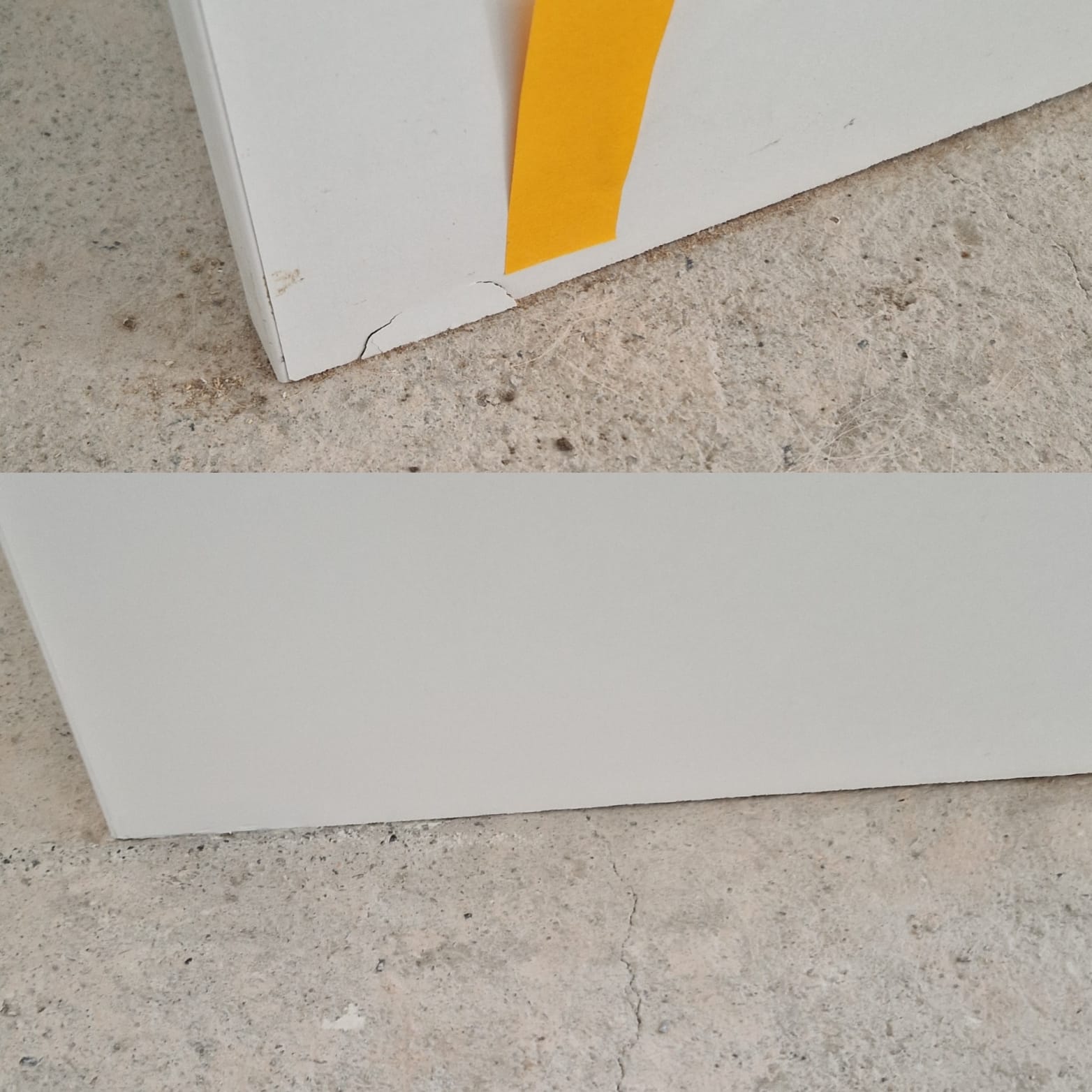 Before and after of a chipped white unit corner on a construction site being seamlessly repaired.
