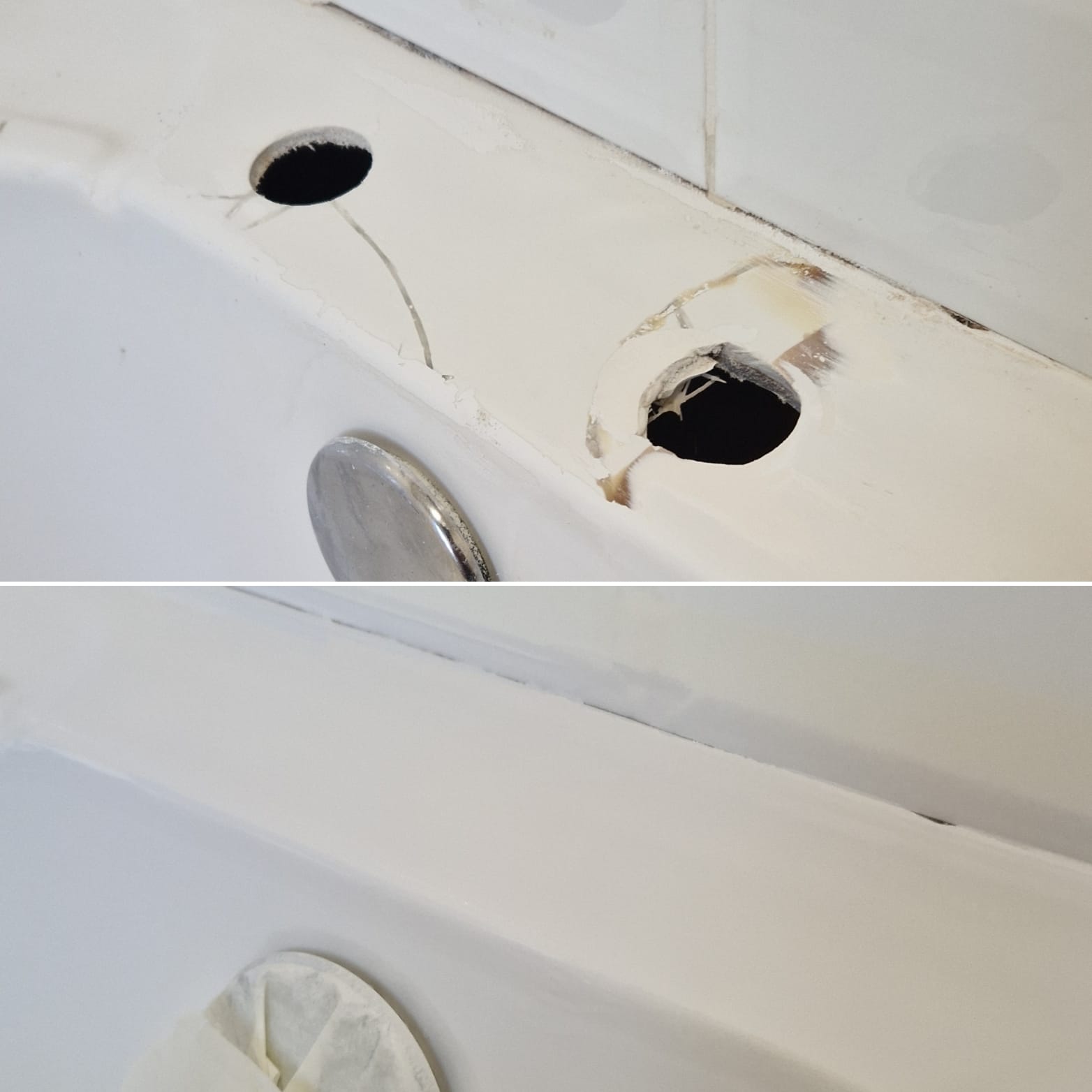 Before and after of a cracked bath rim repair where tap holes have been filled and restored to a smooth finish.