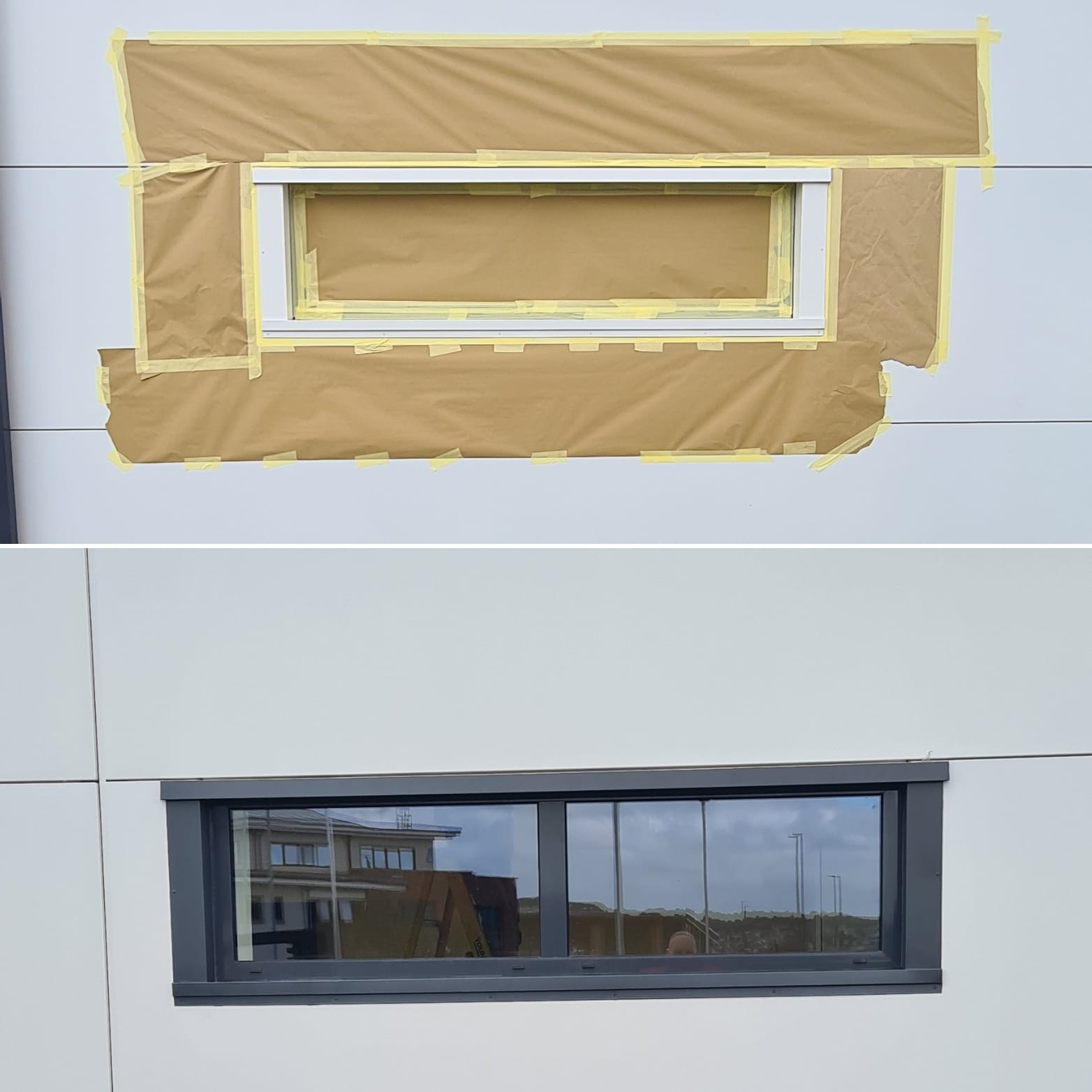 Before and after of external cladding panels being resprayed around a commercial window frame.