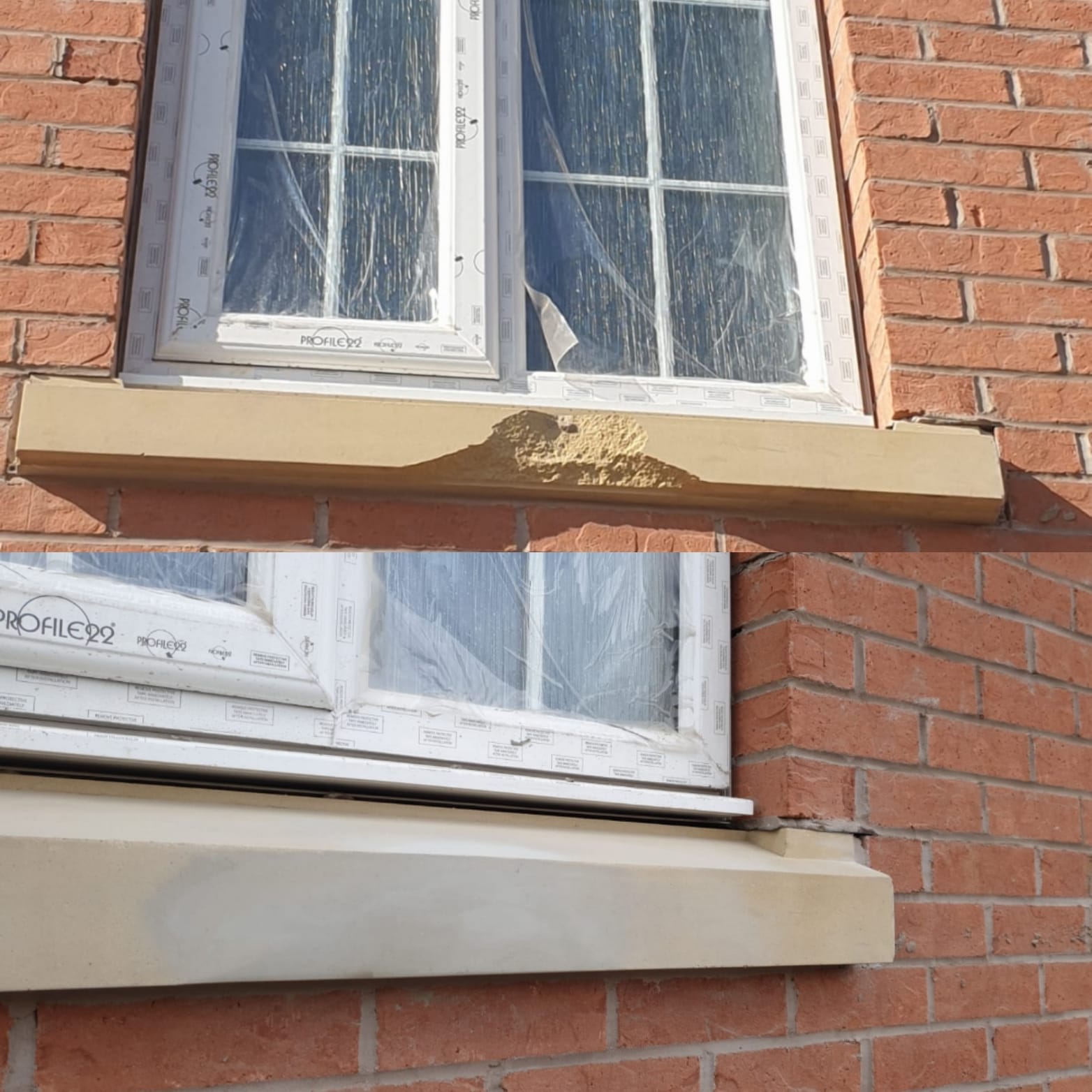 Before and after of a large chip repair on a stone window sill of a brick building.
