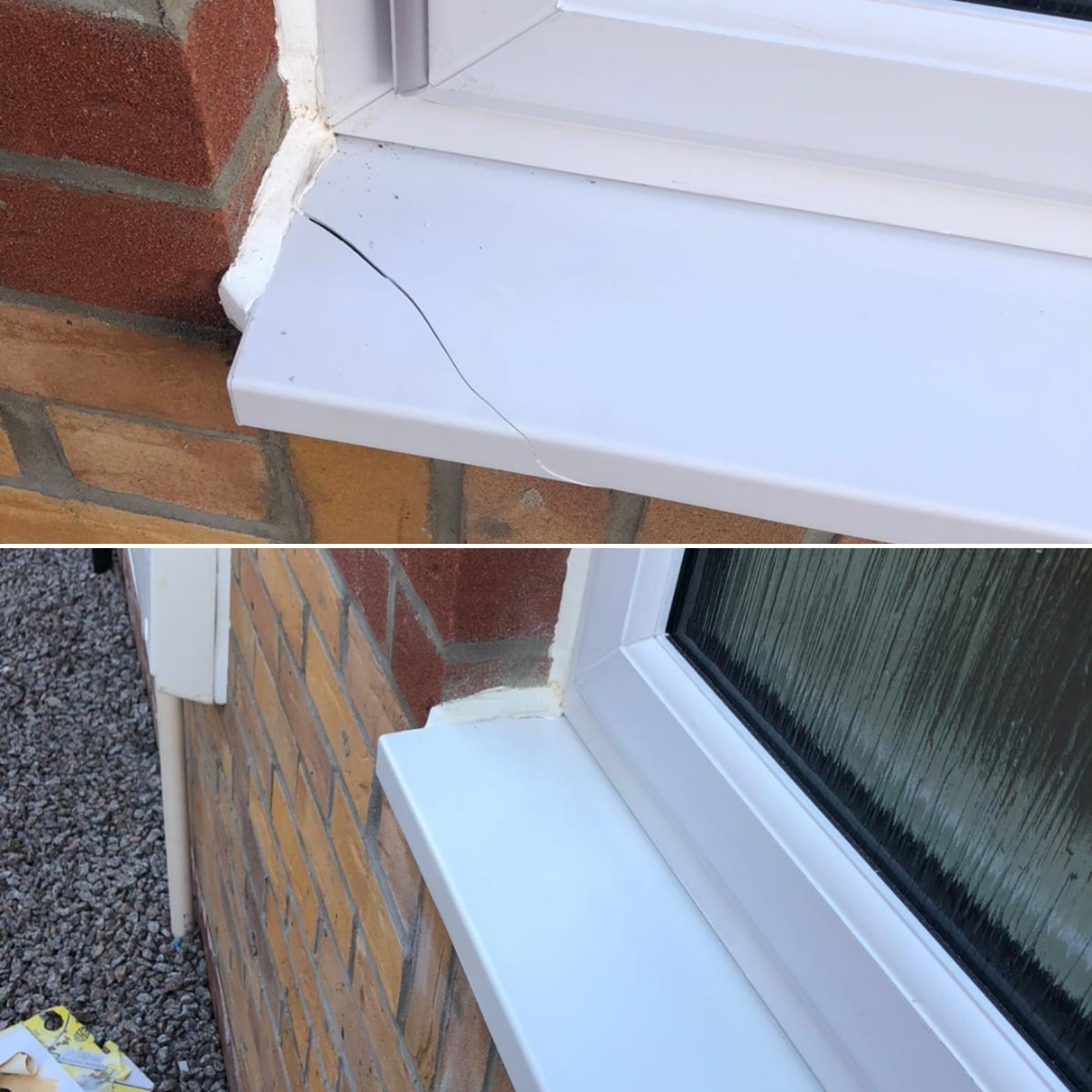 Before and after repair of a large diagonal crack across a white uPVC window sill on a brick exterior.