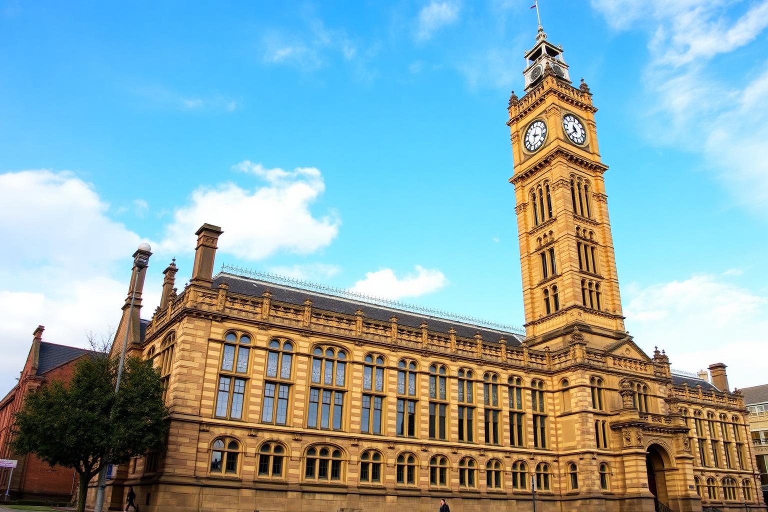 Rochdale's grand Victorian Gothic Town Hall with its tall ornate sandstone clock tower.