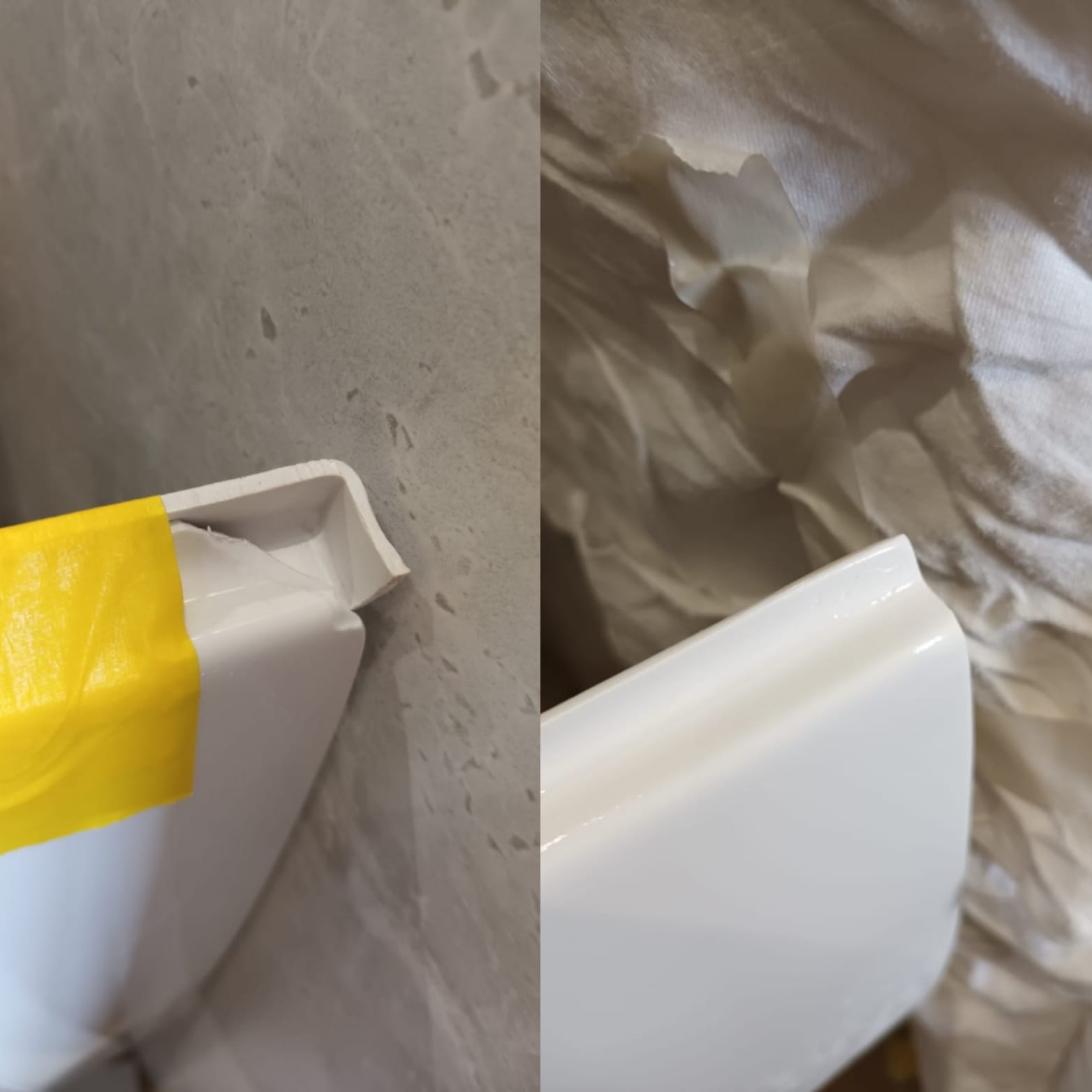 Before and after of a chipped white shower tray rim repair against a tiled wall.