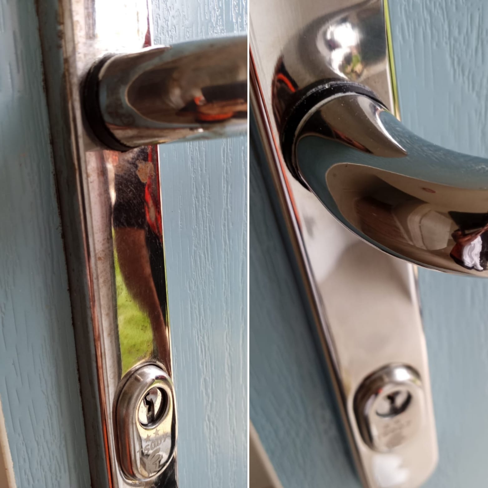 Before and after of a chrome door handle being polished to remove pitting and oxidation.